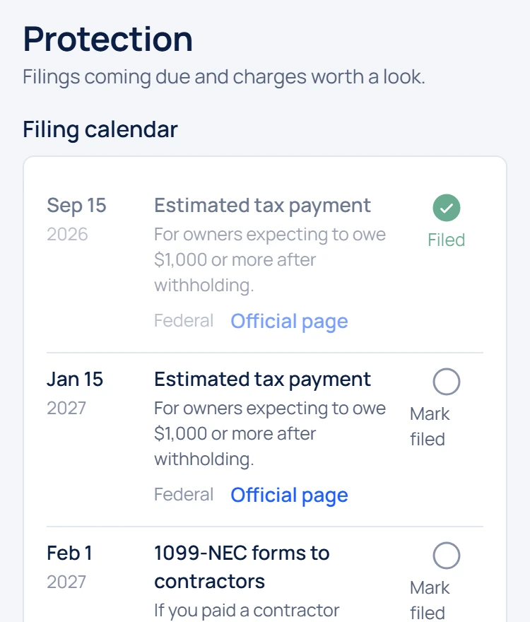 The filing calendar: estimated tax payments due Sep 15 (filed) and Jan 15